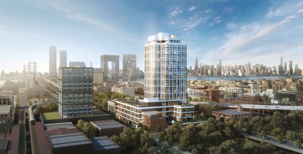 A view of the Dime facing Midtown and the under-construction Domino Sugar Factory development. Rendering: Fogarty Finger Architecture