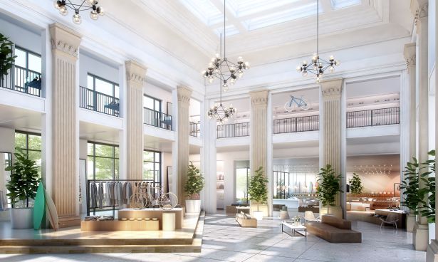 The renovated Dime Savings bank building as a retail space. Rendering: Fogarty Finger Architecture