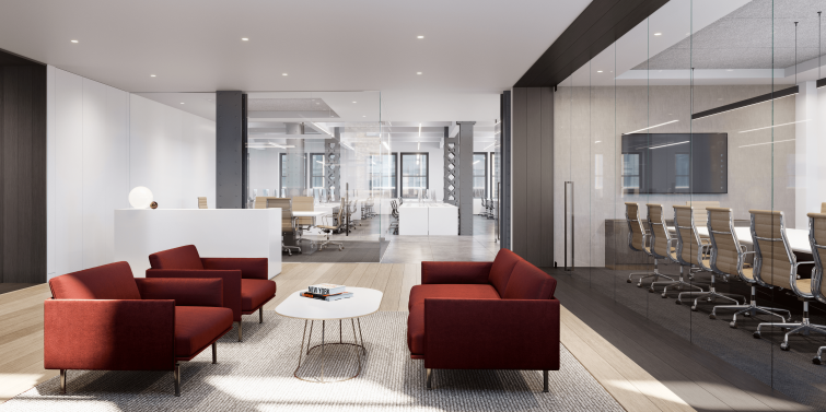 Fogarty Finger designed prebuilt offices at 292 Madison Avenue with glassed conference rooms and oak floors in social areas. 