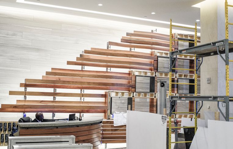Lobby under construction at 40 Exchange Place will feature redwood panel art installation. Photo: Robert Paul Cohen/For Commercial Observer