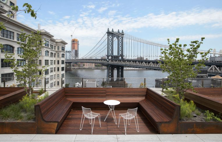 45 Main Street has views of Manhattan from wooden seats. Photo: Two Trees Management Company.