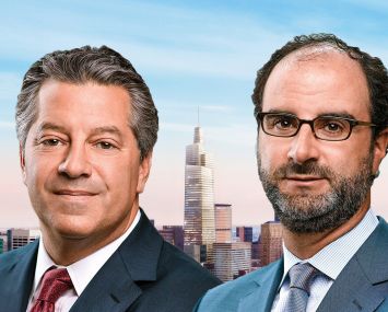 Marc Holliday (left) and Andrew Mathias. Background: Rendering of One Vanderbilt.
