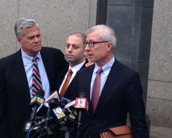 Former State Senate Majority Leader Dean Skelos, left, and his son Adam, center, leave court after being found guilty. Photo: Will Bredderman/ Observer