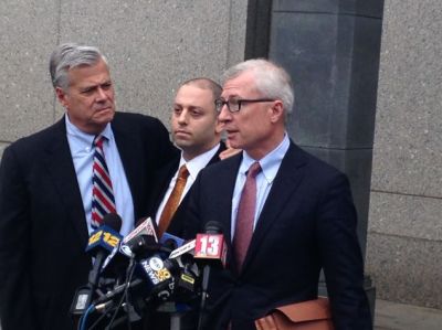 Former State Senate Majority Leader Dean Skelos, left, and his son Adam, center, leave court after being found guilty. Photo: Will Bredderman/ Observer