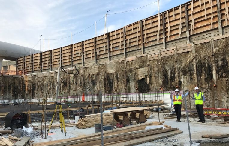 A view of the 30-foot hole where the 1,500-person conference center will sit. Photo: TWA Hotel