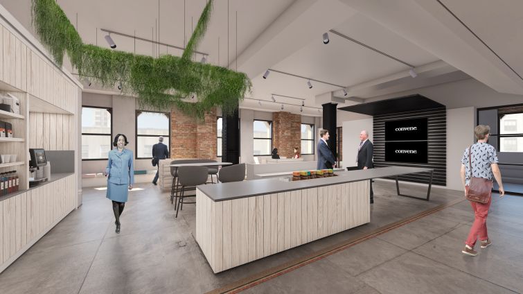 The Convene space will have exposed brick walls and steel columns and modern finishes. Rendering: Convene
