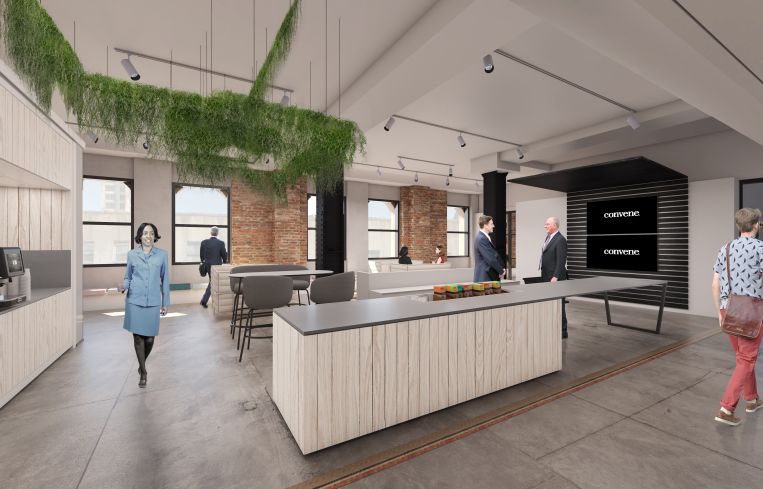 The Convene space will have exposed brick walls and steel columns and modern finishes. Rendering: Convene