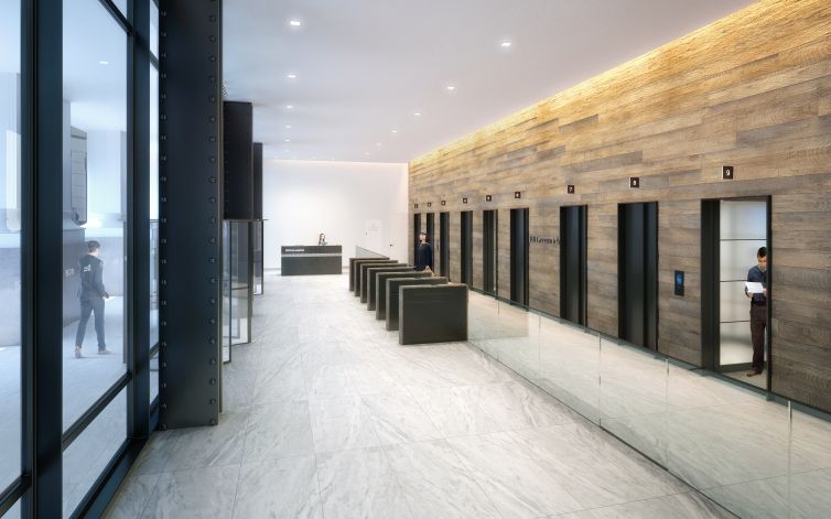 Cove and Bentall are modernizing the lobby of the building to include marble floors, exposed steel columns and white oak walls. Rendering: Cove Property Group