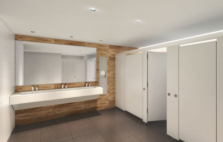 The bathrooms have been custom-made with limestone countertops and wood walls. Rendering: Cove Property Group