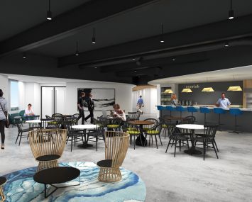 Part of Convene’s third-floor space at Wells Fargo Center. It includes a dining and lounge area for Convene meeting attendees.
