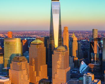 One World Trade Center and Lower Manhattan.