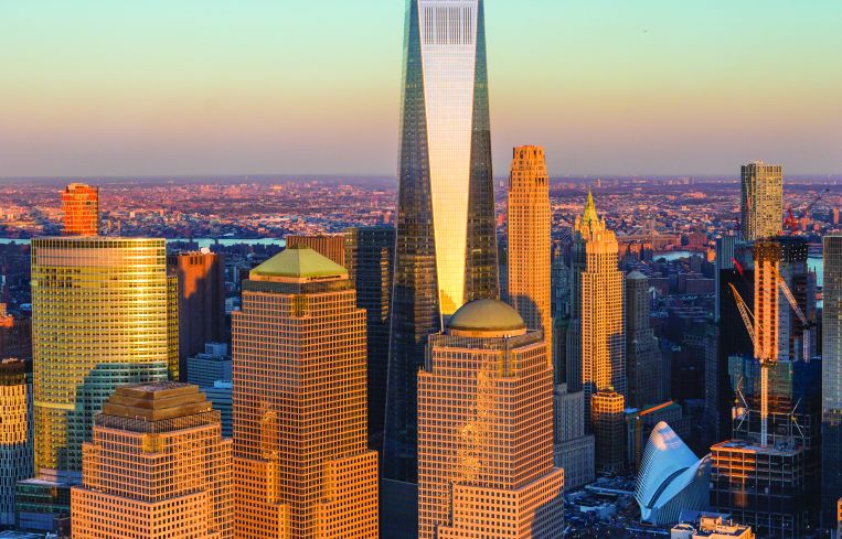 One World Trade Center and Lower Manhattan.