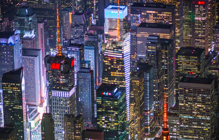 The Empire State Building, 4 Times Square and 1 Bryant Park lit up "Amazon Orange." Image: New York City Economic Development Corporation