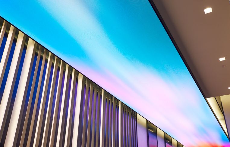 In the evening the video screen with show a sunset with a mixture of colors.
