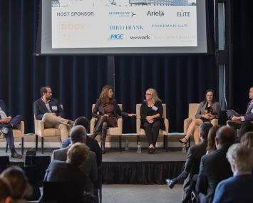 Jonathan Mechanic, Michael Rudin, Maryanne Gilmartin, Deirdre Quinn, Regina Myer, Sean R. Kelly discuss Brooklyn infrastructure and development at CO's Brooklyn Queens event in the Brooklyn Navy Yard.