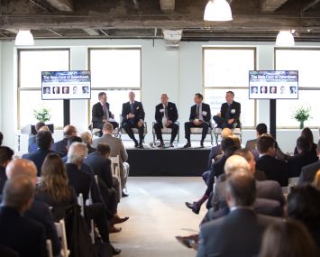 Jonathan Mechanic, David Levinson, Bruce Mosler, Ric Clark and Matt Straz discuss the downtown office market during the first panel of the day.