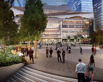 Rendering of Hudson Yards retail and public square.