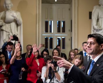 Speaker of the House Paul Ryan (R-WI) takes questions from reporters after the House passed tax reform legislation on Capitol Hill.