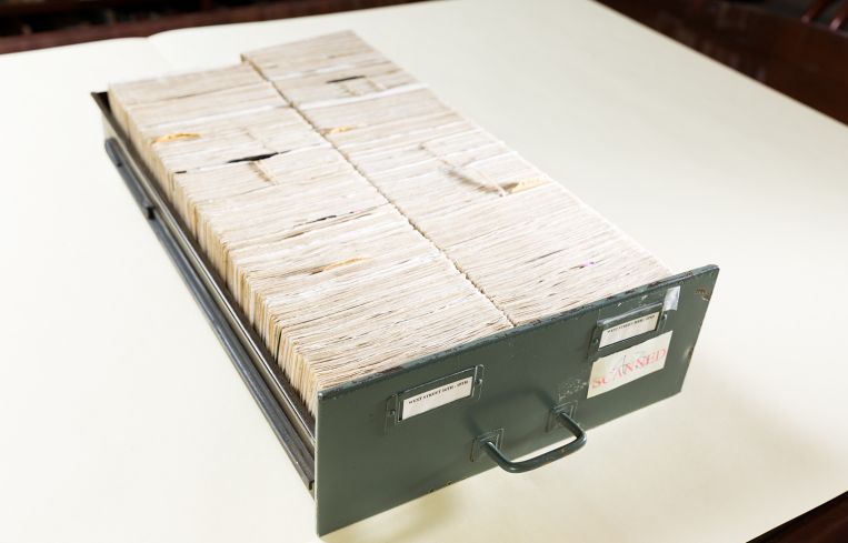 A file drawer filled with of property cards show the sales, leasing and construction history of buildings on West Street from 16th to 22nd Street in Manhattan.