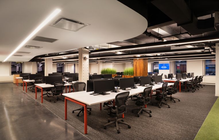 Wood columns with plantings are in the office to help bring warmth to the edgy space.