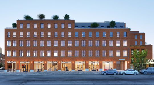 An exterior rendering of the brick facade at 360 Wythe Avenue.