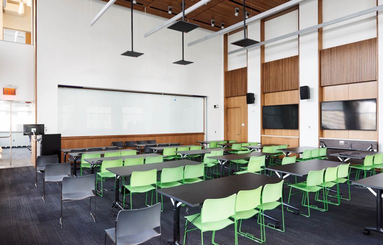 A completed classroom that can hold up to 100 people.