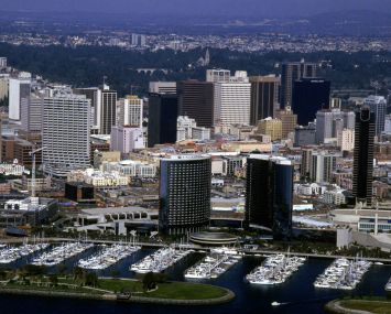 An aerial view of downtown San Diego and the marina.