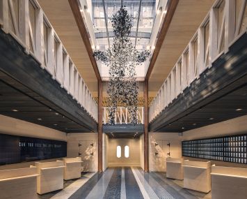 The check-in atrium at the Moxy Times Square hotel.