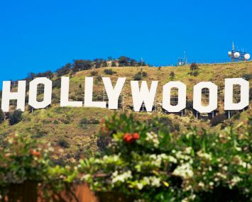 Iconic Hollywood Sign in Los Angeles, California, with flowers in the foreground.