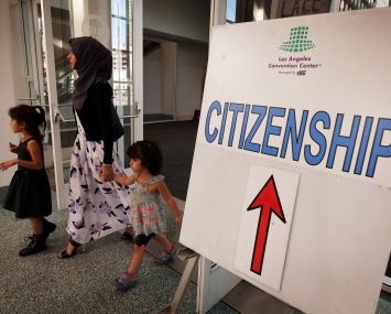 A sign at a naturalisation ceremony for immigrants in Los Angeles.