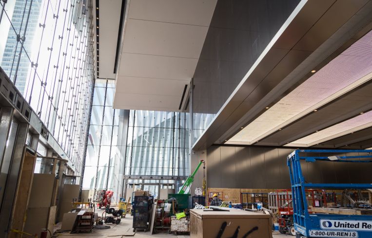 The entrance to the building features 60-foot ceiling heights and large amounts of light.