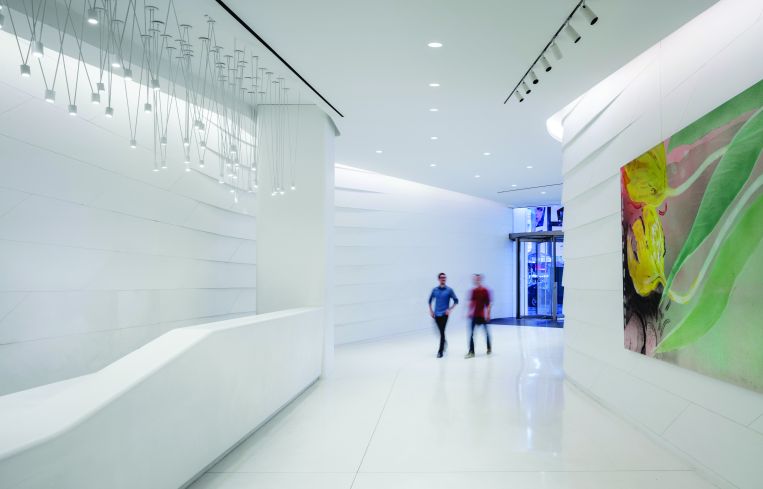 The lobby renovation at 1500 Broadway, designed by STUDIOS Architecture.
