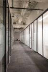 The frosted glass walls of the private offices and team rooms bring natural light into the halls.