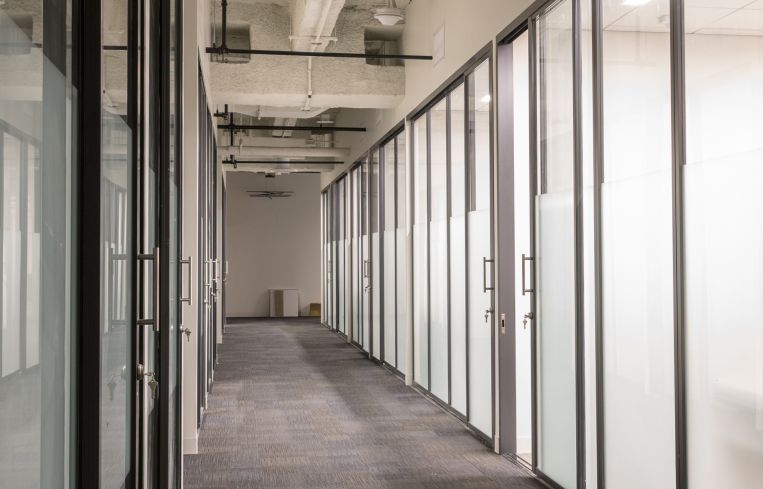 The frosted glass walls of the private offices and team rooms bring natural light into the halls.