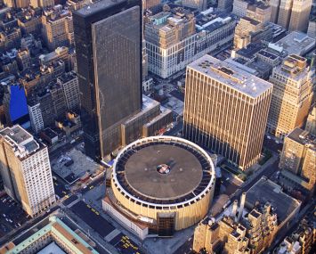Aerial view of Madison Square Garden and Penn Station in New York City.