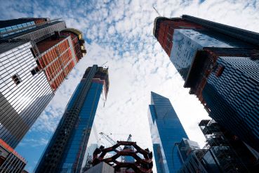 Commercial and residential towers rise at Hudson Yards. 
