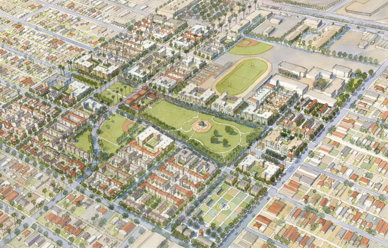 The larger 119-acre mixed-use project by The Housing Authority of the City of L.A. is located at 9800 Grape Street.