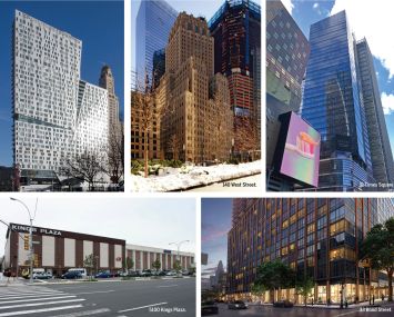 Top, from left to right: 300 Ashland Place, 140 West Street, 11 Times Square. Bottom, from left: 5100 Kings Plaza and 33 Bond Street.