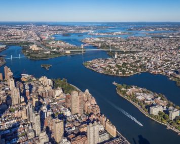 An aerial view of Manhattan, Wards Island, Astoria and  Roosevelt Island.