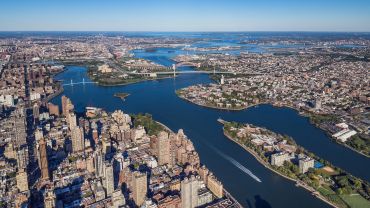An aerial view of Manhattan, Wards Island, Astoria and  Roosevelt Island.  