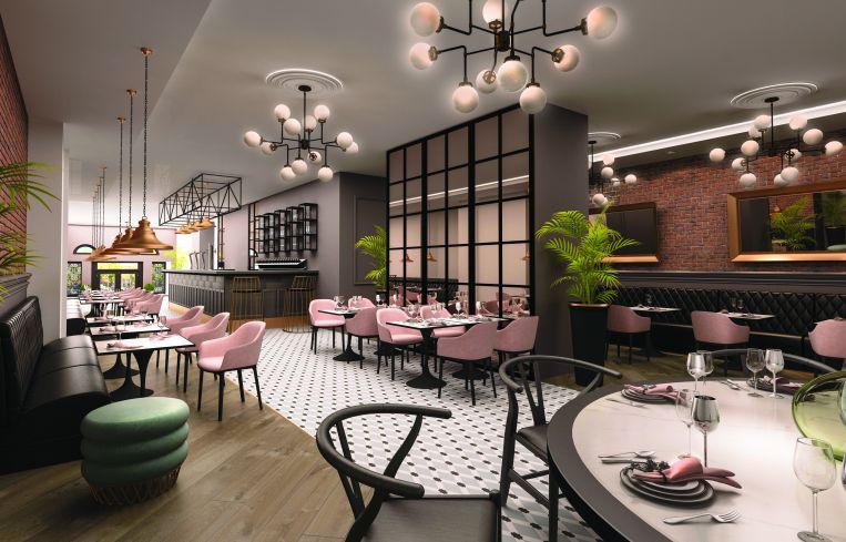 A rendering of a restaurant on the ground floor space.