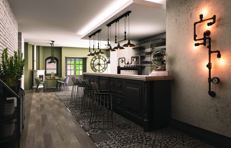A place that serves cocktails could be in the lower level.