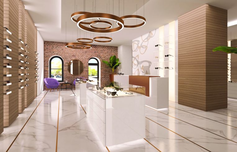 A rendering of a optical store on the ground floor.