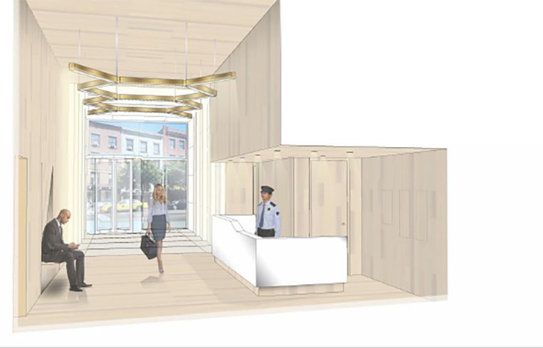 A proposed lobby renovation at 57 Willoughby with new wood-look tiling and new light fixtures.