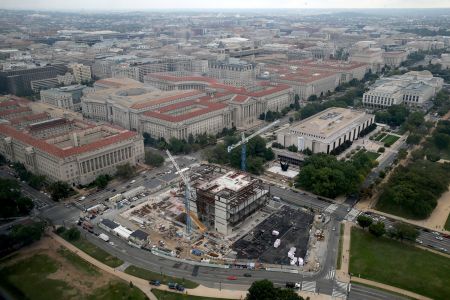 Construction of the National Museum of African American History and Culture on the National Mall in October 2014.  