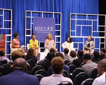 Lisa Mallory, CEO of District of Columbia Building Industry Association; Pamela Bundy, President & CEO of Bundy Development Corporation; Vicki Davis, Managing Partner at Urban Atlantic; Jami Passer CIO of EDENS; and Barbara Mullenex, Managing Principal of Perkins Eastman DC
