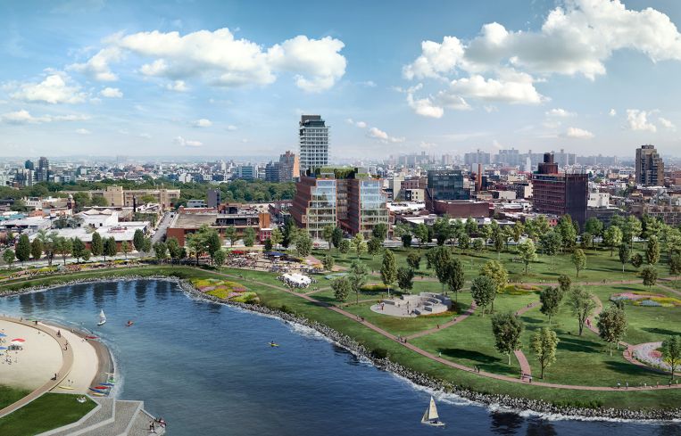 A view of 25 Kent and Bushwick Inlet Park.