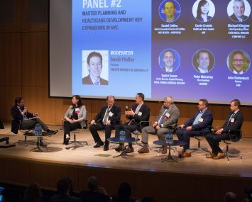 David Pfeffer, Carrie Cremin, Daniel Collins, Dmitri Konon, Michael Klingher, John Rodenbeck and Peter Mulcahey during the panel Master Planning and Healthcare Development Key Expansions in NYC during the Commercial Observer's Annual Healthcare Construction Forum.