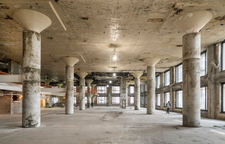 One floor at 787 11th Avenue was demolished in order to create a double-height floor and add a two-story penthouse to the top of the building.