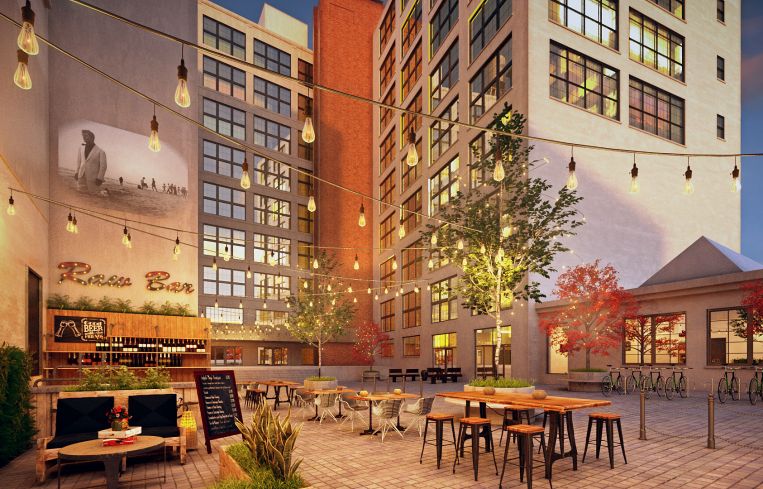 A rendering of the 'front porch plaza' along Hall Street.